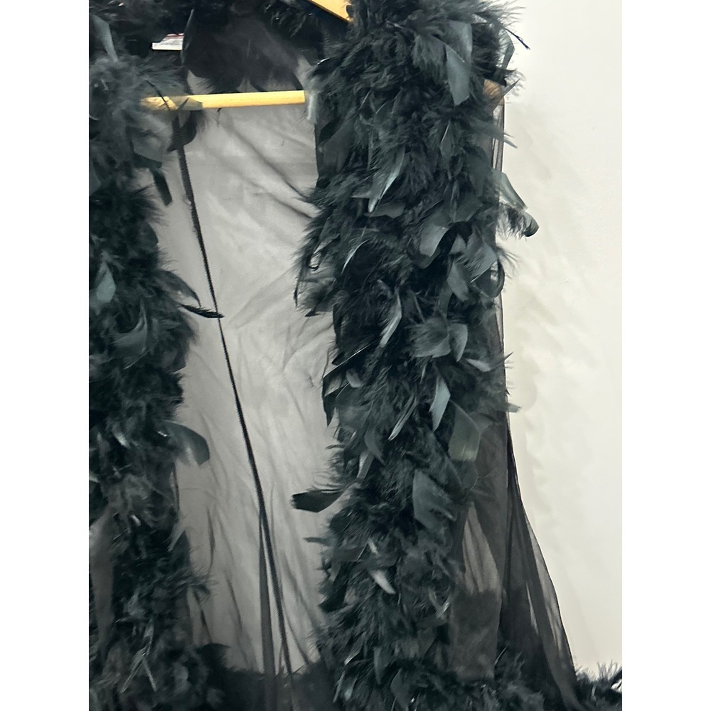 Shirley of Hollywood Black Sheer Marabou Feather Trim Glamour Robe OS RS1211 - Picture 6 of 6